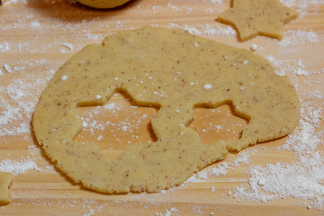 Christmas Baking background. Ingredients for cooking christmas baking on wood background