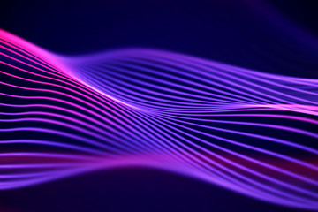 3D Sound waves, visual audio equalizer. Big data abstract visualization. Neon bright sound waves. Digital technology concept: virtual landscape. Modern background. EPS 10 vector illustration.
