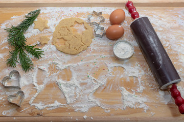 Christmas Baking background. Ingredients for cooking christmas baking on wood background
