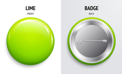 Blank lime glossy badge or button. 3d render. Round plastic pin, emblem, volunteer label. Front and Back Side. Vector.