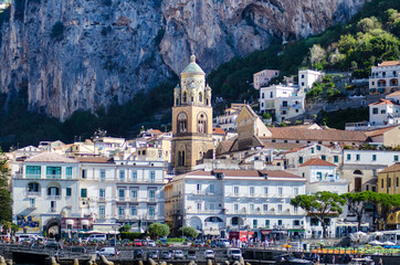 amalfi cityscape with campanile of saint andrew church