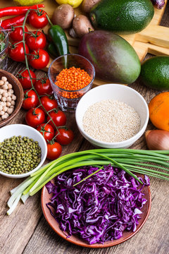 Healthy plant based vegan food, ingredients close up
