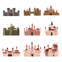 Srt Castles, fortress, ancient, architecture middle ages Europe, Medieval palaces with high towers and conical roofs, vector, banners, isolated, illustration, cartoon style