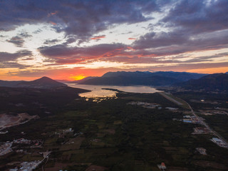 aerial view of sunset over tivat in kotor bay. summer vacation