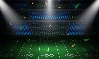 Background American football arena field with bright stadium lights design, rugby sport, super bowl, vector illustration