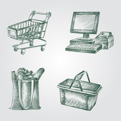 Hand Drawn Supermarket elements Sketches Set. Collection Of Cash machine, shopping cart, Shopping bag. Supermarket Sketches isolated on white background.