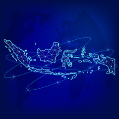 Global logistics network concept. Communications network map Indonesia on the world background. Map of Indonesia with nodes in polygonal style. Vector illustration EPS10. 