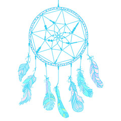 Hand drawn dreamcatcher on white. Zentangle. Feathers. Abstract mystic symbol. Zen art. Design for spiritual relaxation for adults. Line art creation. Doodle for banners, posters and textiles
