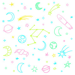 Cosmos elements on white background. Collection. Colorful doodles for design. Hand drawn simple space symbols. Line art. Set of different astronomical signs. Art creation