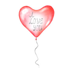I LOVE YOU calligraphy lettering on watercolor red flying balloon in shape of heart isolated on white background