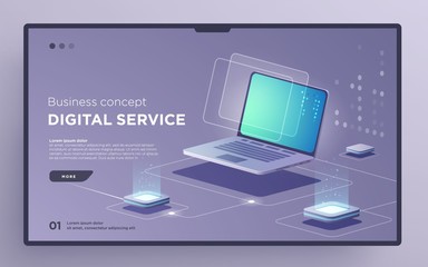 Slide, hero page or digital technology banner. Digital service business concept. Isometric illustration