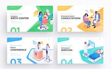 Presentation slide templates or hero banner images for websites, or apps. Medical concept illustrations. Modern isometric style