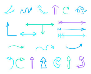 Colored infographic elements on isolated white background. Hand drawn simple arrows. Line art. Set of different pointers. Abstract indicators