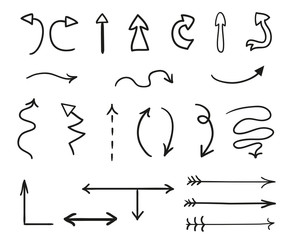Hand drawn infographic elements on white. Abstract arrows. Line art. Set of different signs. Black and white illustration. Doodles for artworks