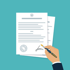 Contract-document signing. Hand signing contract simple style. Vector