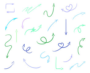 Colored infographic elements on isolated white background. Hand drawn simple arrows. Line art. Set of different pointers. Abstract indicators