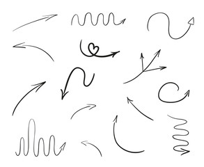 Hand drawn infographic elements on white. Abstract arrows. Line art. Set of different signs. Black and white illustration. Doodles for artworks
