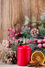 Christmas greeting card. Festive decoration on wooden background. New Year concept. Copy space.  Flat lay. Top view.