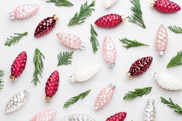 Christmas composition. Gifts, cones decorations on white background. Christmas, winter, new year concept. Flat lay, top view, copy space..  Flat lay. Top view.