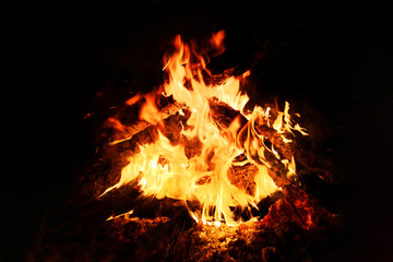 Fototapeta na wymiar Close-up of a burning beautiful bonfire on a black night background, burning hot glowing logs, high resolution