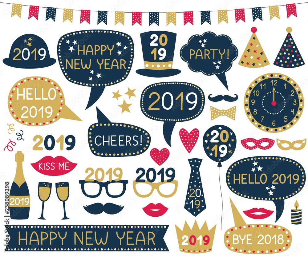 Wall mural New Year 2019 photo booth props and decoration set