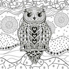 Mandala with owl on isolated white. Zentangle. Hand drawn abstract patterns on isolation background. Design for spiritual relaxation for adults. Black and white illustration for coloring
