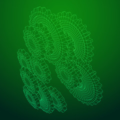 Gears. Mechanical technology machine engineering symbol. Industry development, engine work, business solution concept. Wireframe low poly mesh vector illustration
