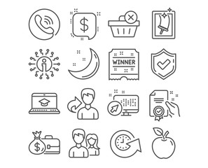 Set of Website education, Teamwork and Delete purchase icons. Payment message, Certificate and Window cleaning signs. Update time, Salary and Winner ticket symbols. Vector
