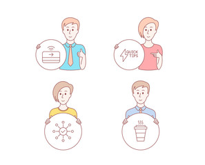 People set of Contactless payment, Quickstart guide and Survey check icons. Takeaway sign. Financial payment, Lightning symbol, Correct answer. Takeout coffee. People vector