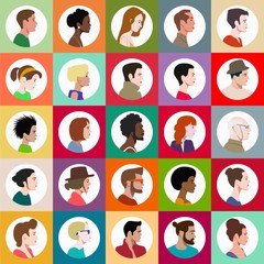 faces of people of different gender, different age and different races in profile, set
