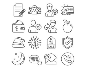 Set of Identity confirmed, Santa hat and Person idea icons. Receive mail, Wallet and Sale coupon signs. Quick tips, Article and Teamwork symbols. Person validated, Christmas, Lamp energy. Vector