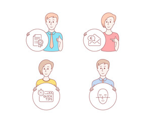 People hand drawn style. Set of Certificate, Euro money and Quick tips icons. Face recognition sign. Verified document, Receive cash, Helpful tricks. Faces biometrics.  Character hold circle button