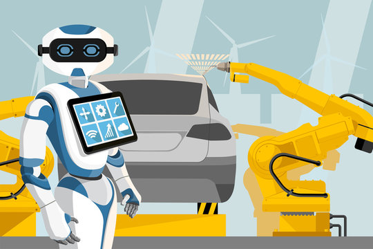 Robot with a digital tablet controls the welding robots on the car assembly line. Smart factory. Vector illustration