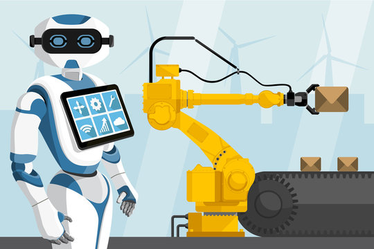Robot with a digital tablet controls the handling robot. Smart factory. Vector illustration