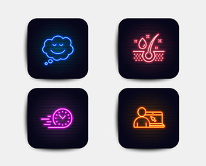 Neon set of Speech bubble, Fast delivery and Serum oil icons. Online education sign. Comic chat, Stopwatch, Healthy hairs. Internet lectures. Neon icons. Glowing light banners. Vector
