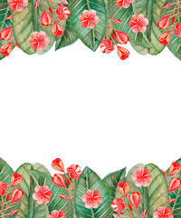 Illustration of watercolor hand drawn green floral card with leaves and red flowers isolated on white background. Spring or summer flowers for invitation, wedding or greeting cards. Tropical.