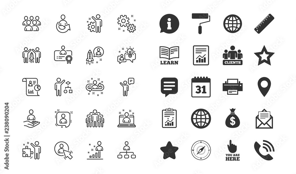 Poster management line icons. set of business audit, startup strategy and employees linear icons. business 