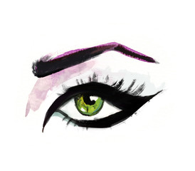 Hand drawn watercolor eyes.  luxurious eye with perfectly shaped eyebrows and full lashes.