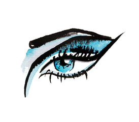 Hand drawn watercolor eyes.  luxurious eye with perfectly shaped eyebrows and full lashes.