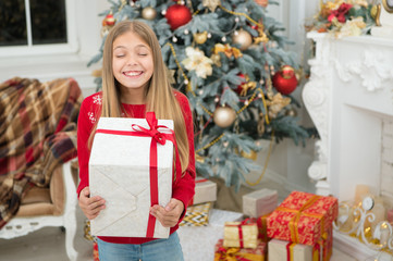 Christmas preparation. Happy new year. Winter. Christmas tree and presents. xmas online shopping. Family holiday. The morning before Xmas. Little girl. Child enjoy the holiday