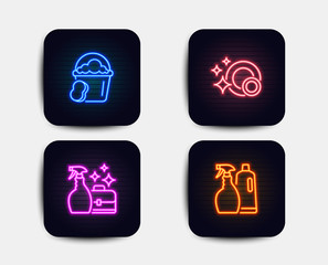 Neon glow lights. Set of Cleanser spray, Sponge and Clean dishes icons. Shampoo and spray sign. Washing liquid, Cleaner bucket, Dishwasher concept. Washing liquids.  Neon icons. Glowing light banners