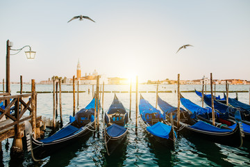 Obraz na płótnie Canvas Gondeln am Hafen in Venedig bei Sonnenuntergang mit Vögeln