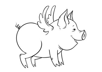 Cute winged piglet, outline vector illustration