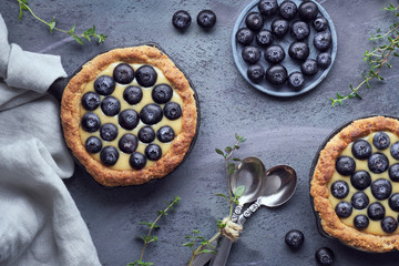 Delicious Blueberry tartlets with vanilla custard cream on grey concrete background