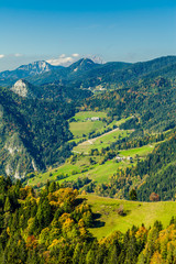 View on Olsevi mountains in early autumn from the starting point of the mountain lift. Vicinity of Velika Raduha, Kamnik–Savinja Alps, Slovenia.