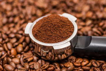 Coffee beans and portafilter. Filter holder for espresso coffee machine and coffee beans