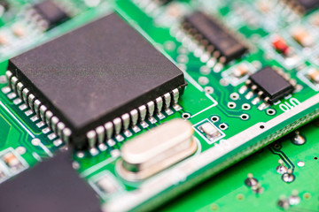 Computer motherboard. Chip close up on a integrated circuit. Electronic circuit board close up....