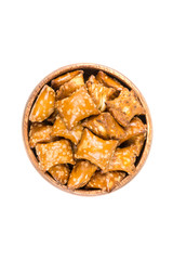 Pile of crunchy pretzel pillows snacks with filling