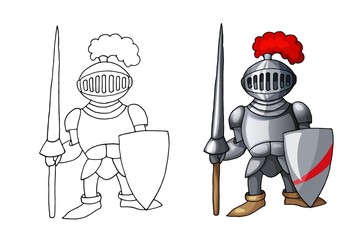 Cartoon medieval knight with shield and spear, isolated on white background