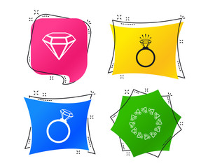 Rings icons. Jewelry with shine diamond signs. Wedding or engagement symbols. Geometric colorful tags. Banners with flat icons. Trendy design. Vector